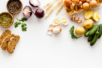 Country dinner table with fresh homemade food. Overhead view