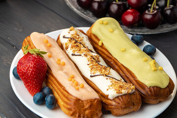 Close up photo of fresh french eclair cake with icing