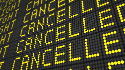 close-up of cancelled word on airport departure board . illustration . 
