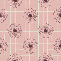 Botanic seamless pattern with outline daisy flowers. Pastel pink background with white check.