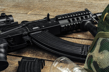 Russian automatic rifle Ak-47 close up, military weapon