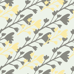 Seamless botanic pattern with grey flowers and branches silhouettes. Little orange elements. Floral backdrop.