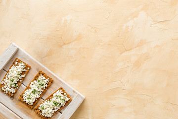 Breakfast with cottage cheese toasts top-down space for text