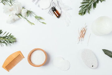 Flat lay frame composition of organic cosmetics