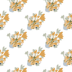 Isolated seamless pattern with flowers bouquet in orange and blue colors on white background. Simple naive design.