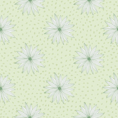 Retro pattern with flowers on background with dots in pastel green colours. Vector illustration.