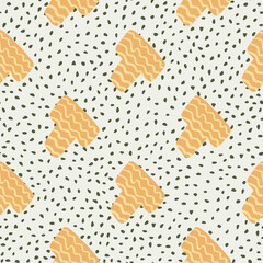 Yellow elements on white background with dark dots. Geometric seamless pattern.