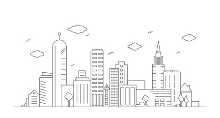 Cityscape outline vector drawing illustration with skyscrapers, office buildings and urban skyline panorama.