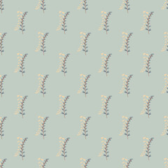 Seamless botanic pattern with branches on pastel blue background. Herbal elements in blue and beige colors.