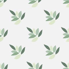 Ornament leafs seamless botanic pattern. Green elements and light background in pastel tones. Simple design.