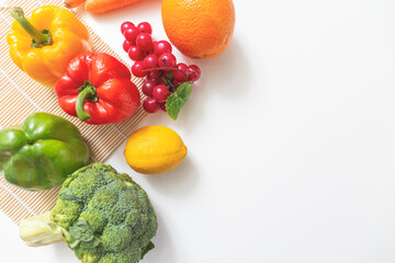Various vegetables and fruits isolated on white background. top view. Concept of healthy