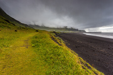 Fototapeta premium View of the black beach in Vik and Myrdal, Iceland.