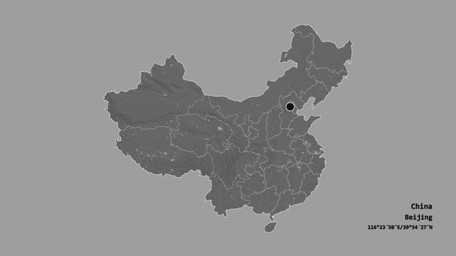 Hainan, province of China, with its capital, localized, outlined and zoomed with informative overlays on a bilevel map in the Stereographic projection. Animation 3D