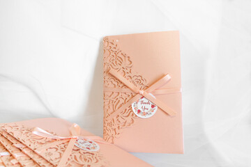 The apricot peach color invitation card, lover card or greeting card with butterfly tie