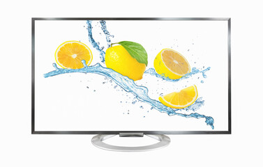 Television monitor isolated on white background. lemon on screen