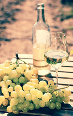 still life with glass of White wine grapes and bread on table in field