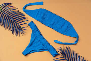 Blue bikini with painted palm leaves on beige background