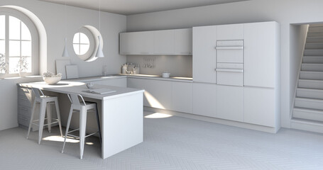 Cocina moderna blanca estilo minimalista  -Render 3D de concepto 