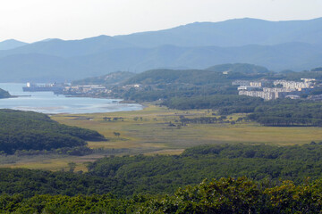 Fototapeta na wymiar View at Preobrazhenie town and Sokolovskaya bay of Sea of Japan. Primorsky Krai, Far East, Russia.