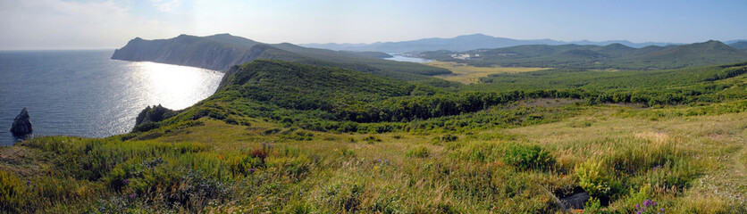 Panorama of the coast of the sea of Japan and Preobrazhenie town. Primorsky Krai (Primorye), Far East, Russia.