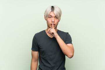 Young asian man over isolated green background showing a sign of silence gesture putting finger in mouth