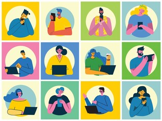 Set of people, men and women read book, work on laptop, search with magnifier, communicate. Vector graphic objects for collages and illustrations.