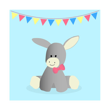 Happy birthday card with cute baby donkey. Graphic element for children postcard, book, album, scrapbook. Cartoon vector illustration