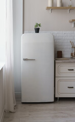 Vintage retro style white fridge in bright kitchen