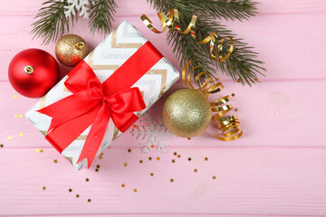 Set of beautifully wrapped gift boxes and Christmas decor . Christmas gifts. Holiday, give. Festive background
