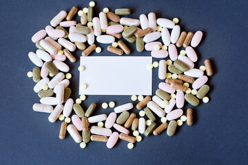 A lot of different drugs, pills, on a dark background. copy space, top view - 365012601