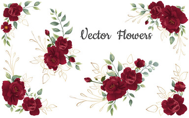 Set of Flower red rose, green leaves. Floral poster, invite. Vector arrangements for greeting card or invitation design background