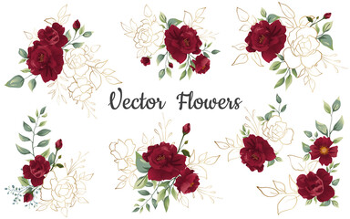 Set of Flower red rose, green leaves. Floral poster, invite. Vector arrangements for greeting card or invitation design background