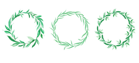 Obraz premium Set of watercolor wreath made of leaves.Watercolor green leaves wreath leaf boarder simple leafy hand painted. Wedding design. Botanical boarder