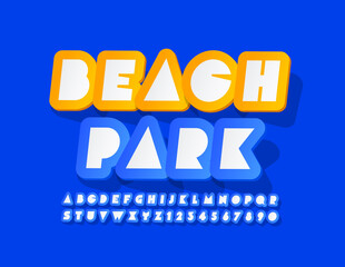 Vector creative banner Beach Park. Sticker Blue and White Font. Trendy Alphabet Letters and Numbers