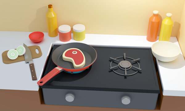 cooking steak in a pan cartoon style 3D computer graphic illustration
