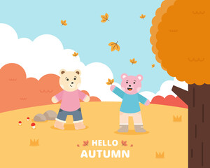 Happy bear in the autumn forest. Cute cartoon character with a landscape background. Vector illustration.
