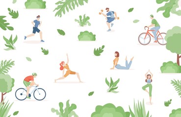 Young people in sports clothes doing sport activities in the park vector flat illustration. Men and women ride a bike, running, doing yoga, pilates, and stretching outdoors. Healthy lifestyle concept.