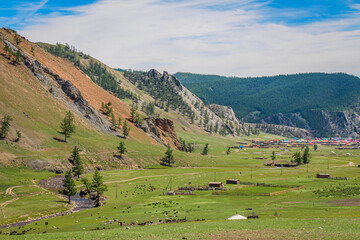A view down a river valley, with the town of Altraga in the distance, Mongolia