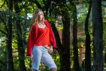 enterprising young woman in red clothes leaving work