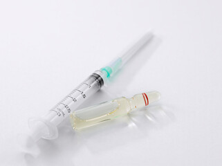 Close up view of the ampule with medicine and syringe on white back 
