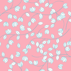 seamless pattern with branches and leaves on pink background.