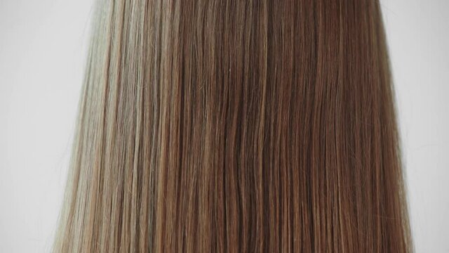 Woman holding comb while brushing female hair isolated on grey