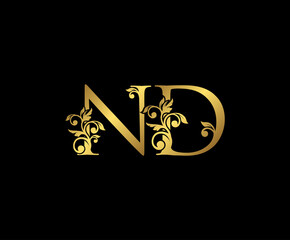 Golden ND, N and D Luxury Logo Icon, Vintage Gold  Initials Mark Design. Elegant luxury gold color on black background
