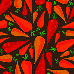 Seamless vector pattern of red carrots on a brown background. - 365018265