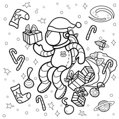 Antistress coloring page for adults 
and children, astronaut in a christmas cap in space with gifts and sweets.