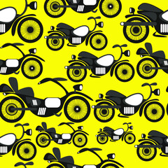Seamless vector pattern of retro motorcycles on a yellow background.   - 365019631