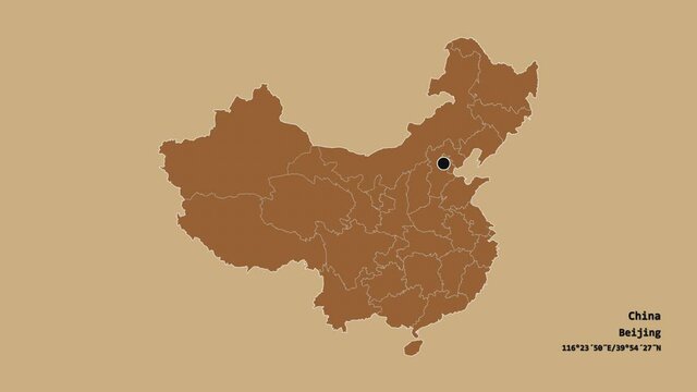 Nei Mongol, autonomous region of China, with its capital, localized, outlined and zoomed with informative overlays on a solid patterned map in the Stereographic projection. Animation 3D