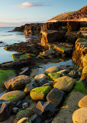 Rocky coastline at Cresswell on the coast of Northumberland, England, UK. At dawn with early morning golden light. © coxy58