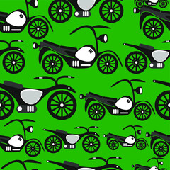 Seamless vector pattern of retro motorcycles on a green background.  - 365020233