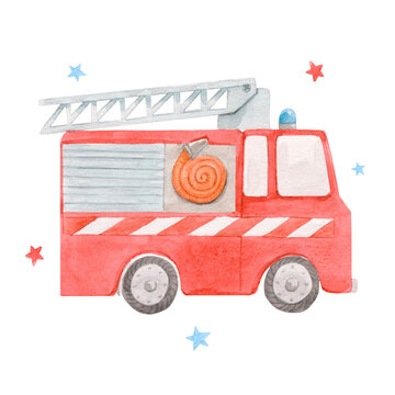 Beautiful image with cute watercolor toy fire engine. Stock illustration.